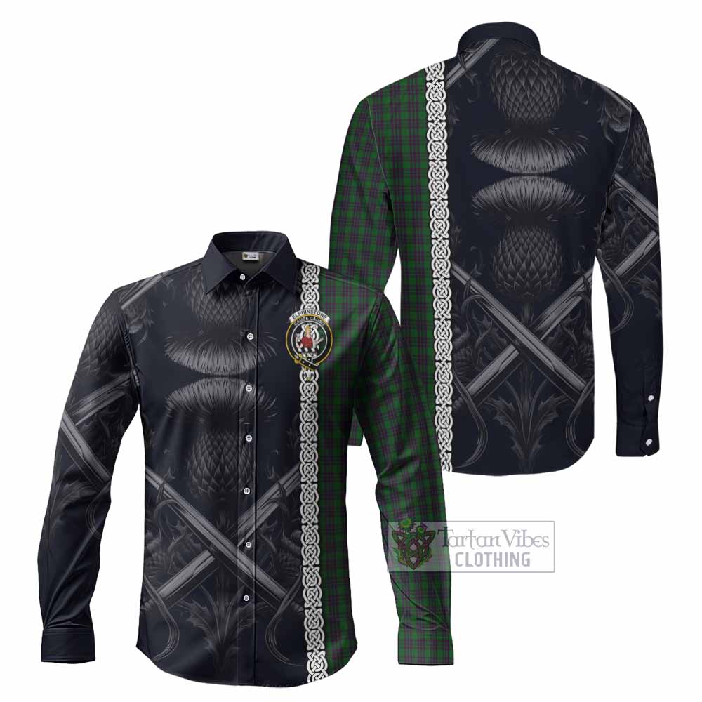 Tartan Vibes Clothing Elphinstone Tartan Long Sleeve Button Shirt with Family Crest Cross Sword Thistle Celtic Vibes