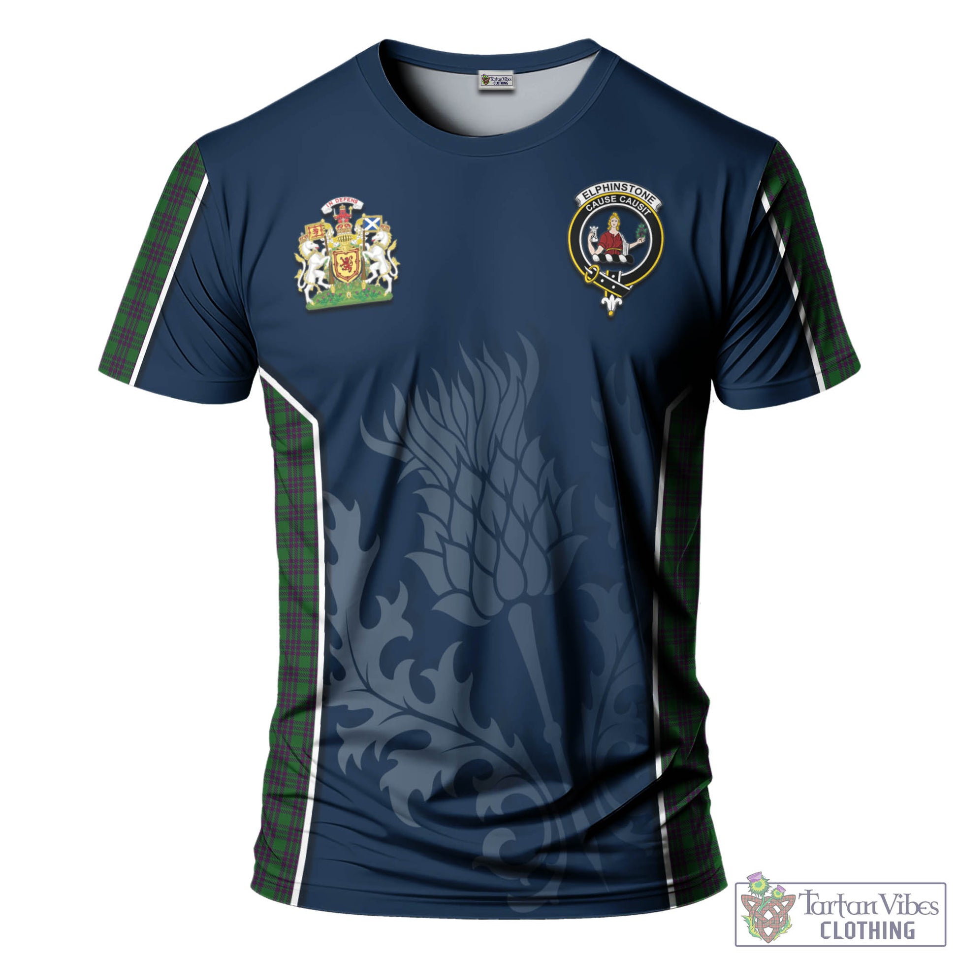 Tartan Vibes Clothing Elphinstone Tartan T-Shirt with Family Crest and Scottish Thistle Vibes Sport Style