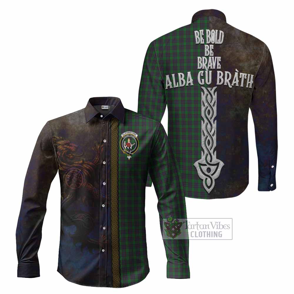 Elphinstone Tartan Family Crest Long Sleeve Button Shirt Alba Gu Brath Be Brave Lion Ancient Style - Tartan Vibes Clothing