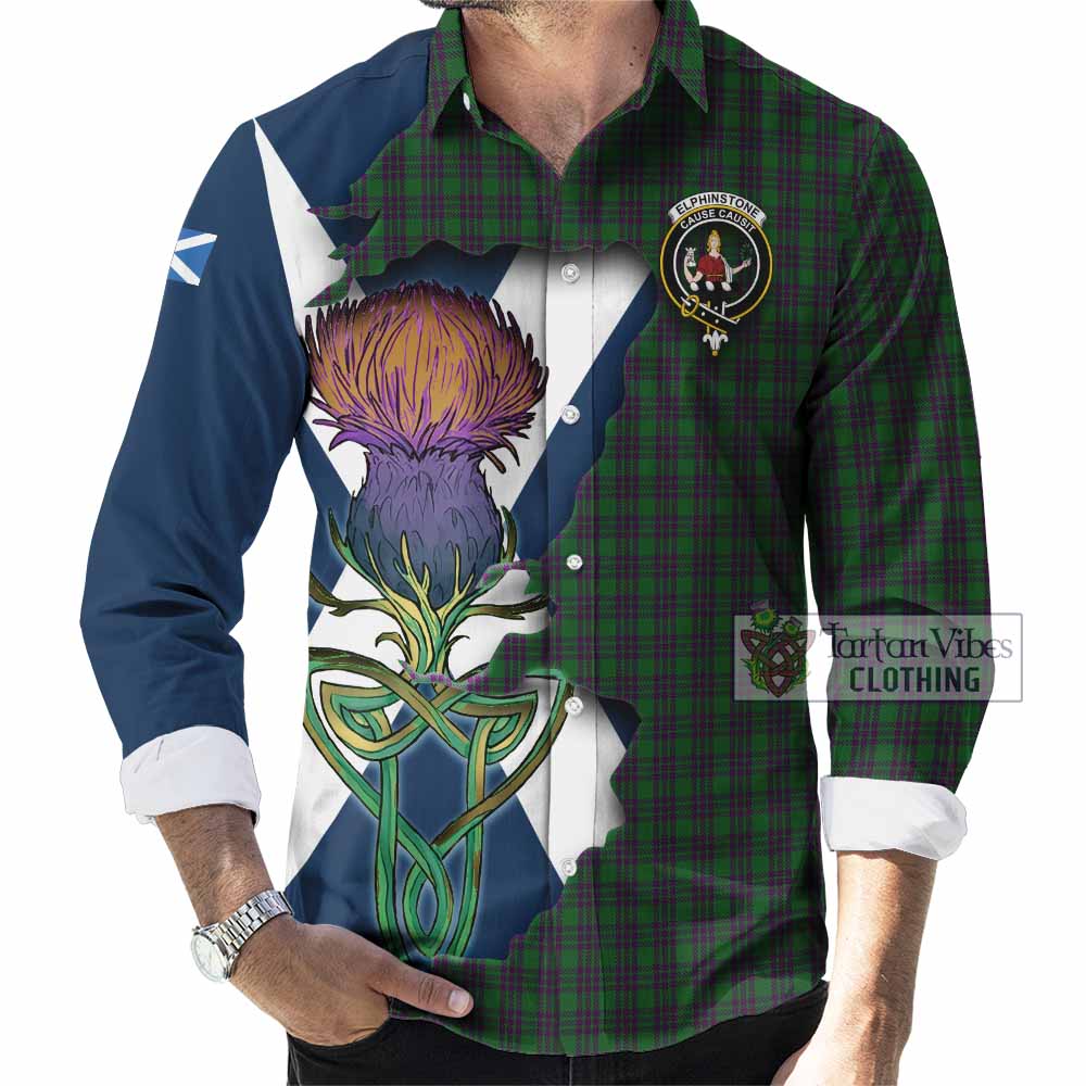 Tartan Vibes Clothing Elphinstone Tartan Family Crest Long Sleeve Button Shirt Scottish Thistle Celtic Inspired