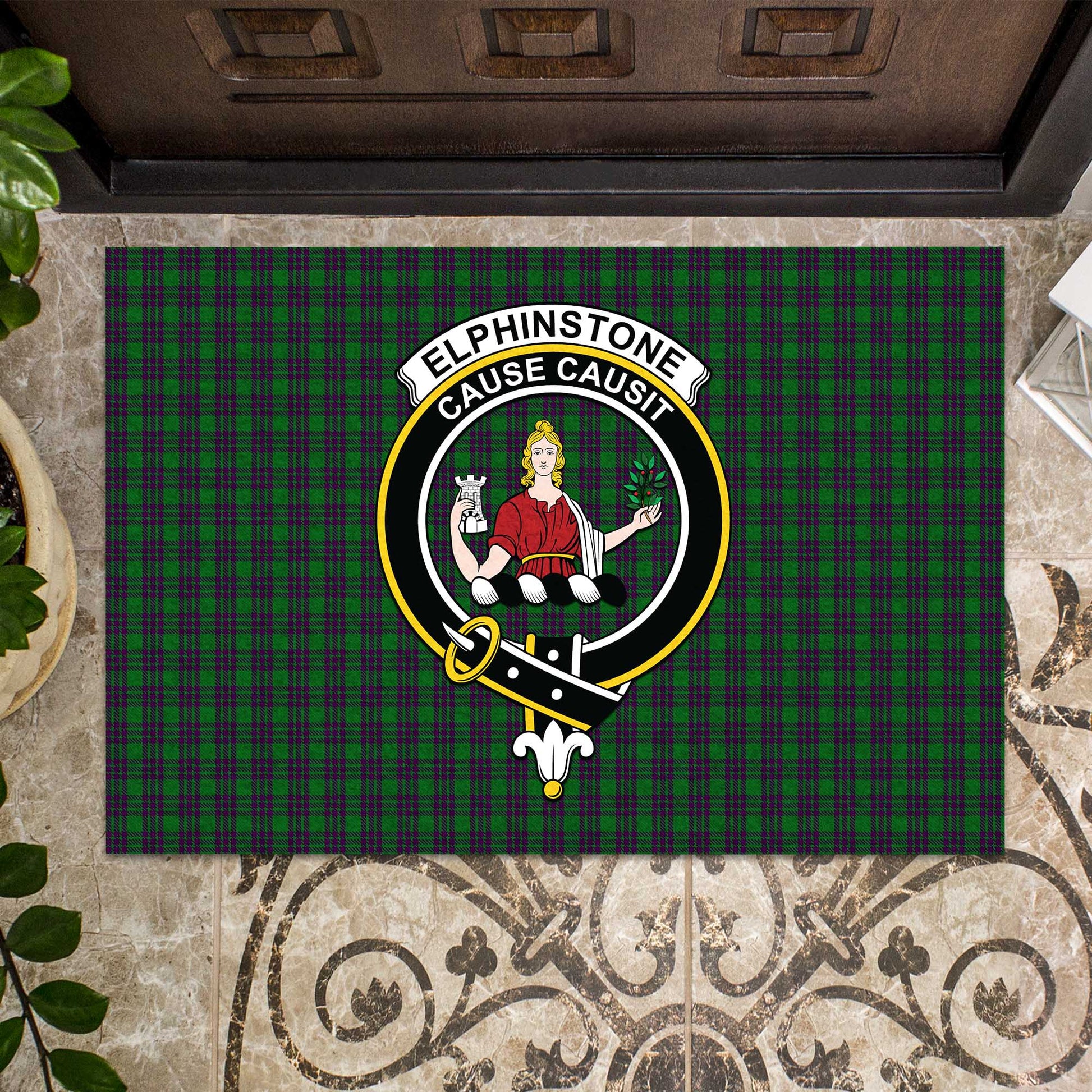 Elphinstone Tartan Rubber Doormat with Family Crest - Tartan Vibes Clothing