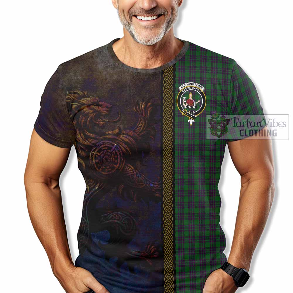Tartan Vibes Clothing Elphinstone Tartan Family Crest T-Shirt Alba Gu Brath Be Brave Lion Ancient Style
