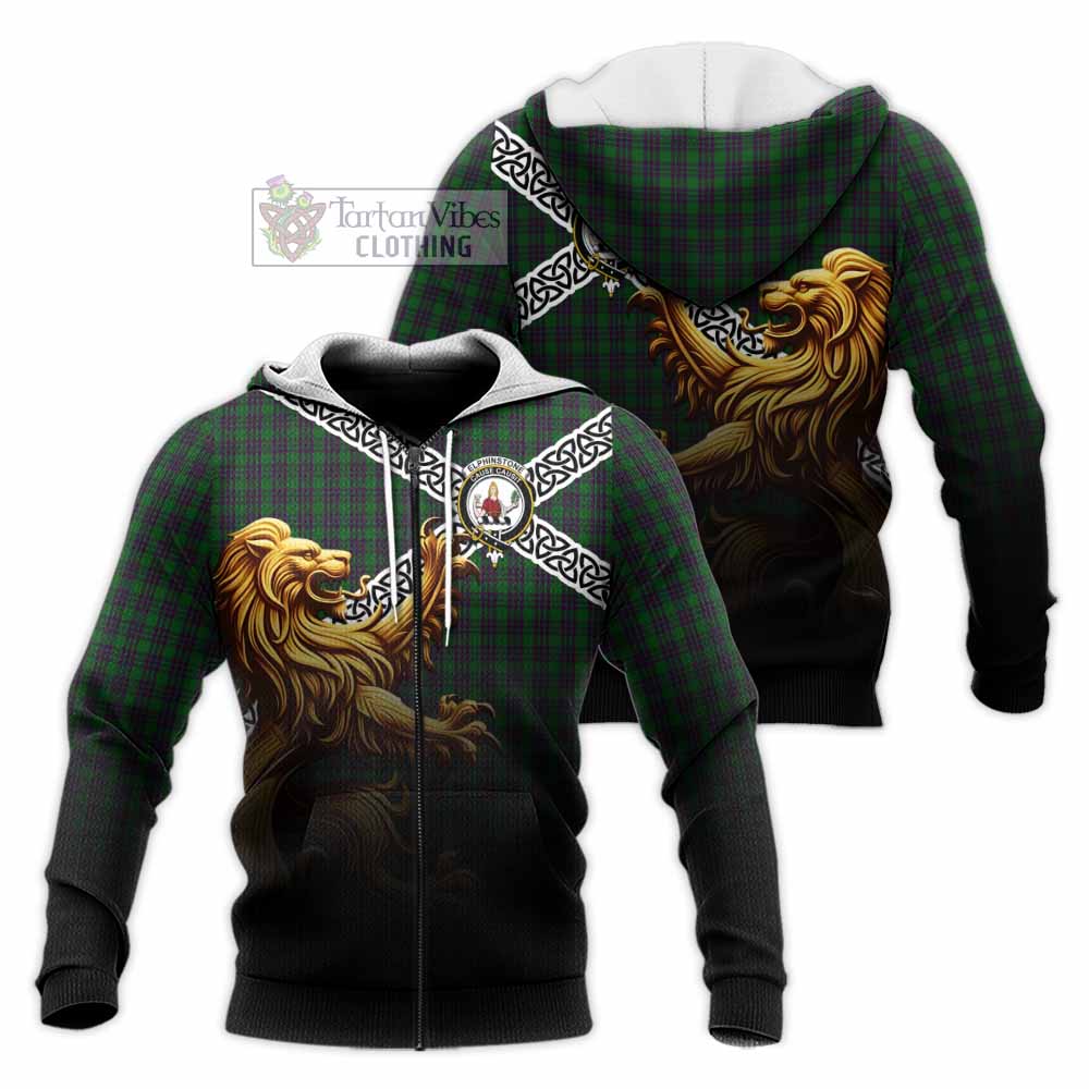 Elphinstone Crest Tartan Knitted Hoodie with Golden Lion Emblem Celtic Style Unisex Knitted Zip Hoodie - Tartan Vibes Clothing