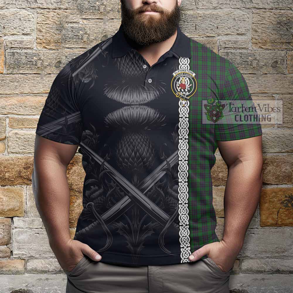 Elphinstone Tartan Polo Shirt with Family Crest Cross Sword Thistle Celtic Vibes - Tartan Vibes Clothing