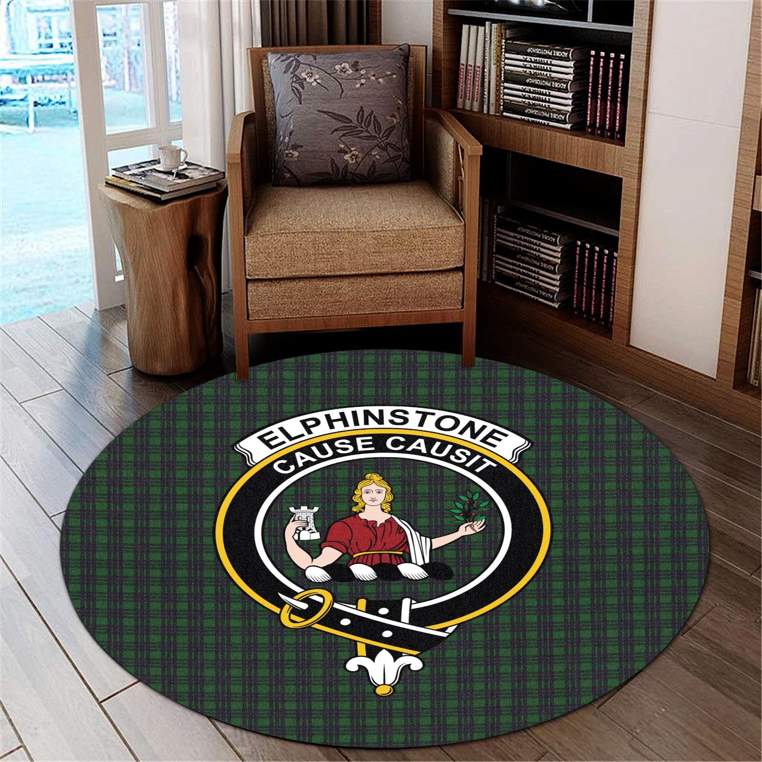 Elphinstone Tartan Round Rug with Family Crest - Tartan Vibes Clothing