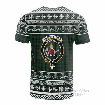 Elphinstone Clan Tartan Christmas Cotton T-shirt with Family Crest