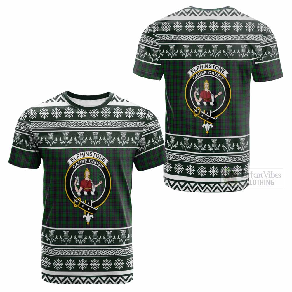 Elphinstone Clan Tartan Christmas Cotton T-shirt with Family Crest - Tartan Vibes Clothing