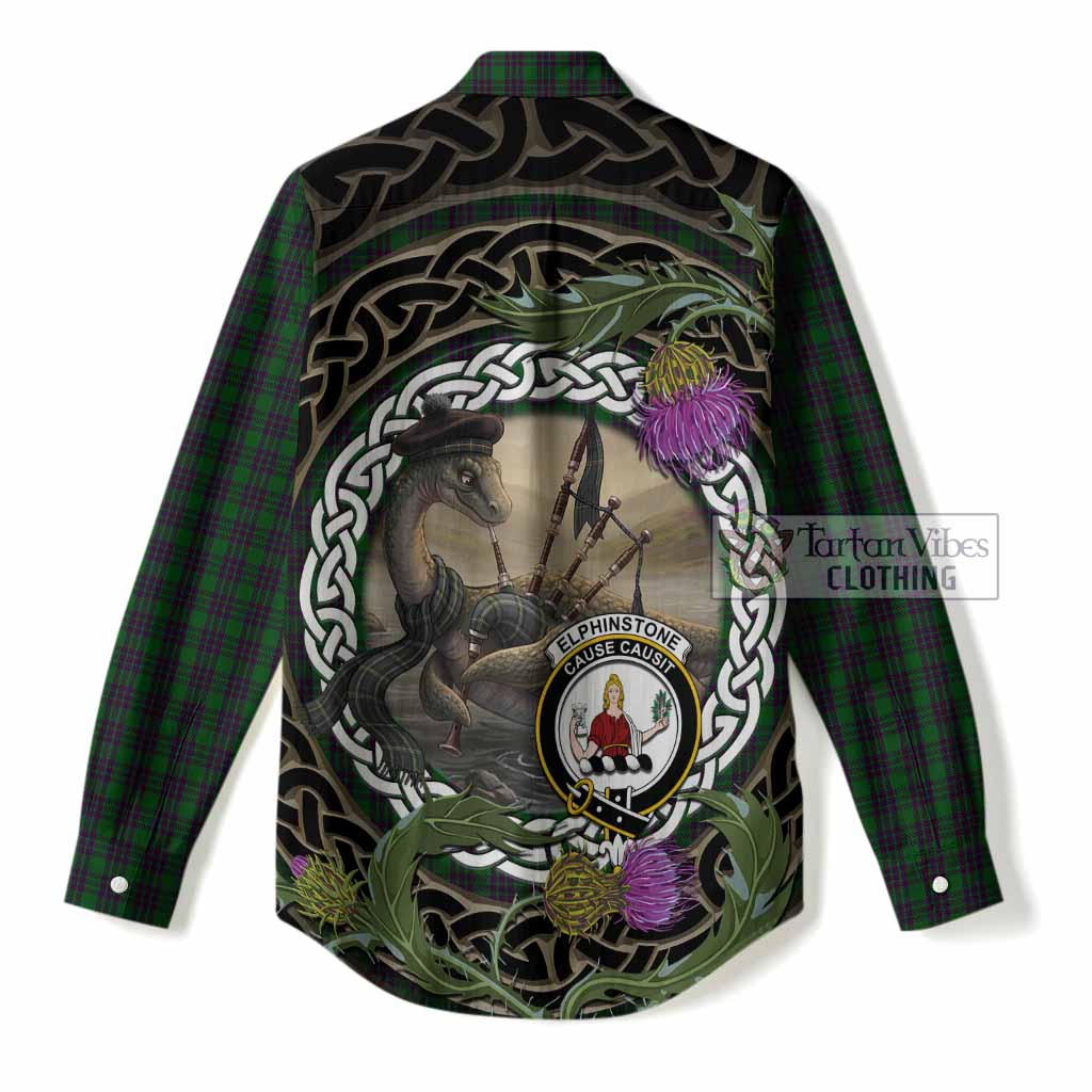 Elphinstone Tartan Crest Bagpipe Nessie Women Casual Shirt Scottish Loch Ness Monster Celtic Thistle