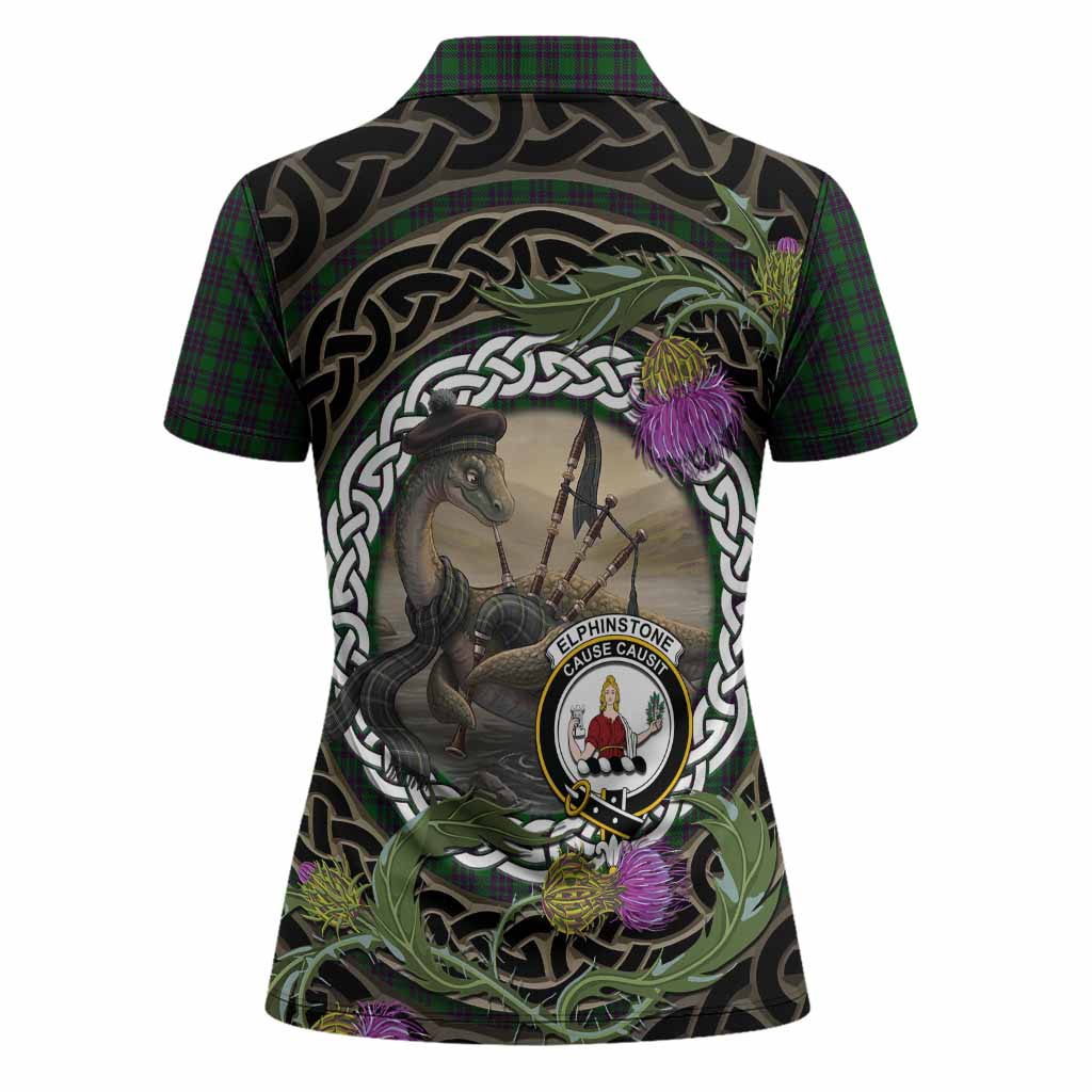 Elphinstone Tartan Crest Bagpipe Nessie Women Polo Shirt Scottish Loch Ness Monster Celtic Thistle