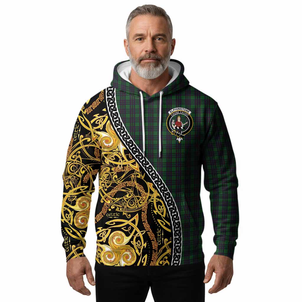 Elphinstone Tartan Crest Hoodie Celtic Knot and Triple Trickle Spiral Symbols