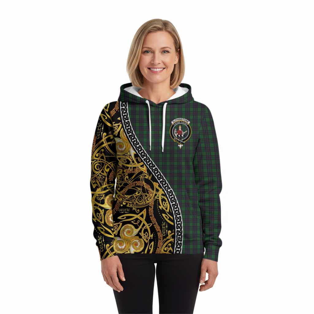 Elphinstone Tartan Crest Hoodie Celtic Knot and Triple Trickle Spiral Symbols