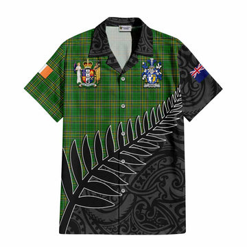 Tartan Vibes Clothing Ennis Irish Clan Tartan Short Sleeve Button Shirt with Coat of Arms New Zealand Silver Fern Half Style