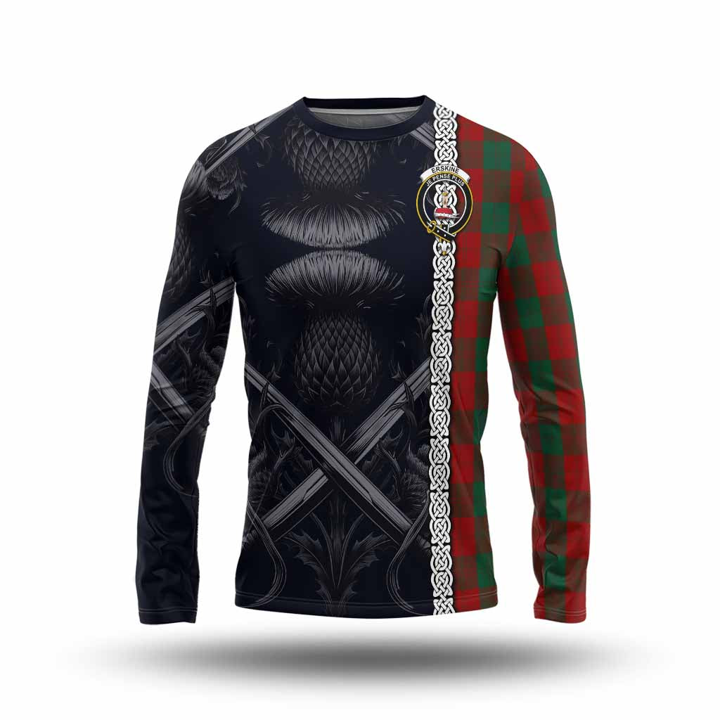 Tartan Vibes Clothing Erskine Tartan Long Sleeve T-Shirt with Family Crest Cross Sword Thistle Celtic Vibes