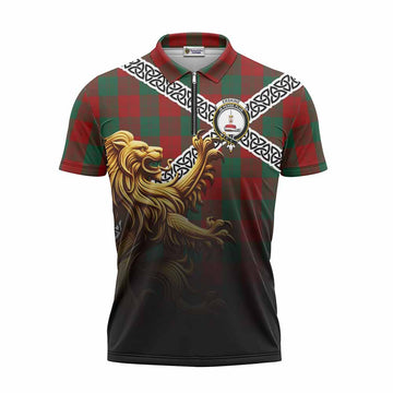 Erskine Crest Tartan Zipper Polo Shirt with Golden Lion Emblem Celtic Style