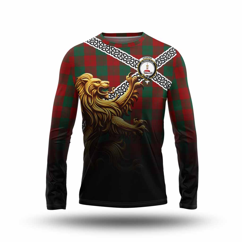 Tartan Vibes Clothing Erskine Crest Tartan Long Sleeve T-Shirt with Golden Lion Emblem Celtic Style