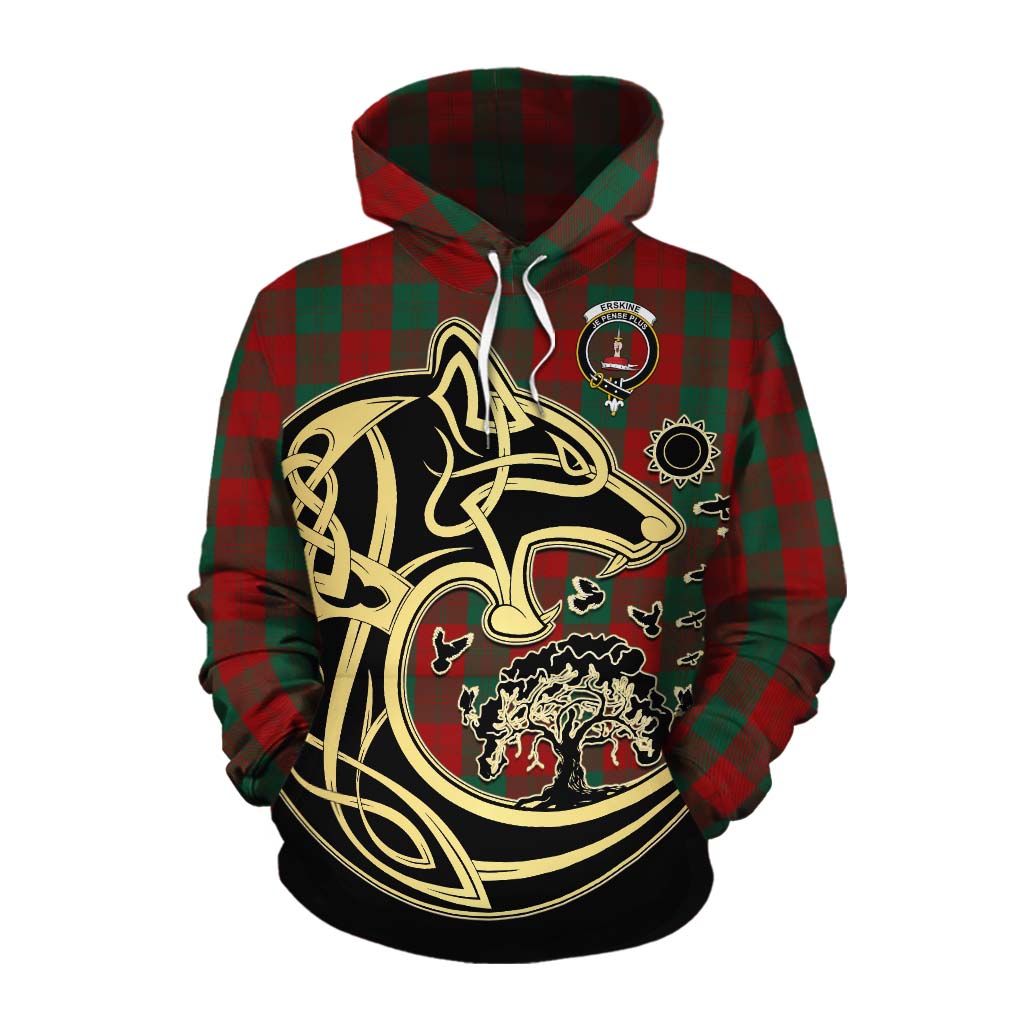 Tartan Vibes Clothing Erskine Tartan Cotton Hoodie with Family Crest Celtic Wolf Style