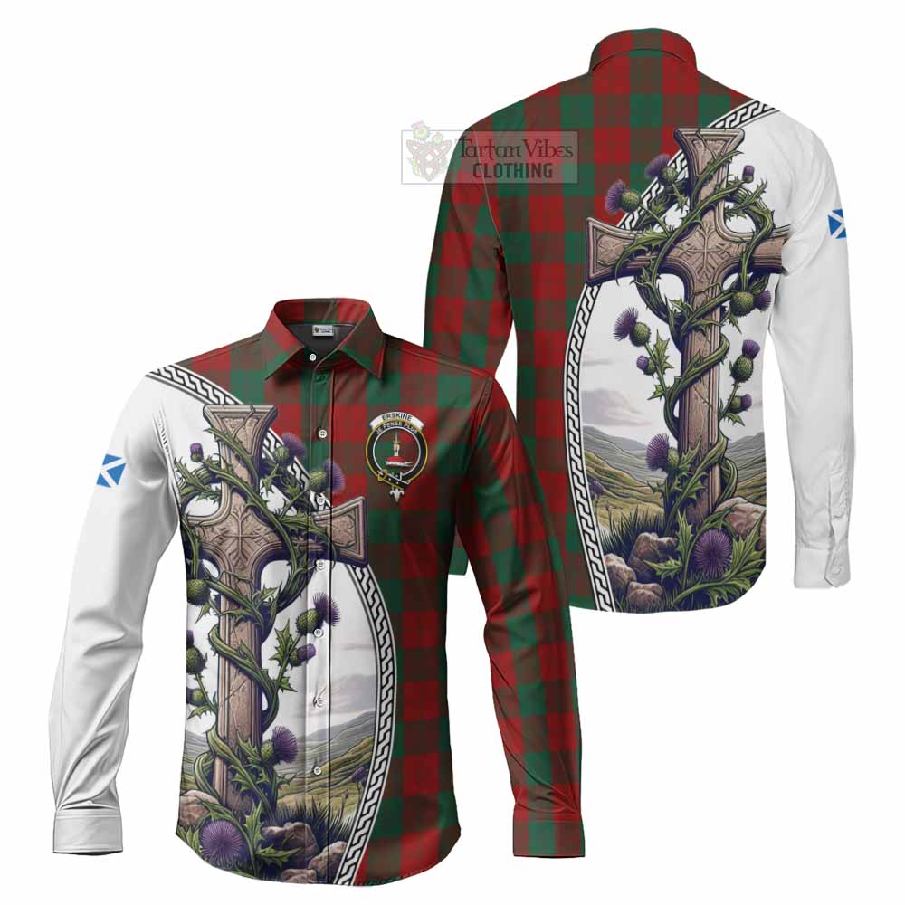 Tartan Vibes Clothing Erskine Tartan Long Sleeve Button Shirt with Family Crest and St. Andrew's Cross Accented by Thistle Vines
