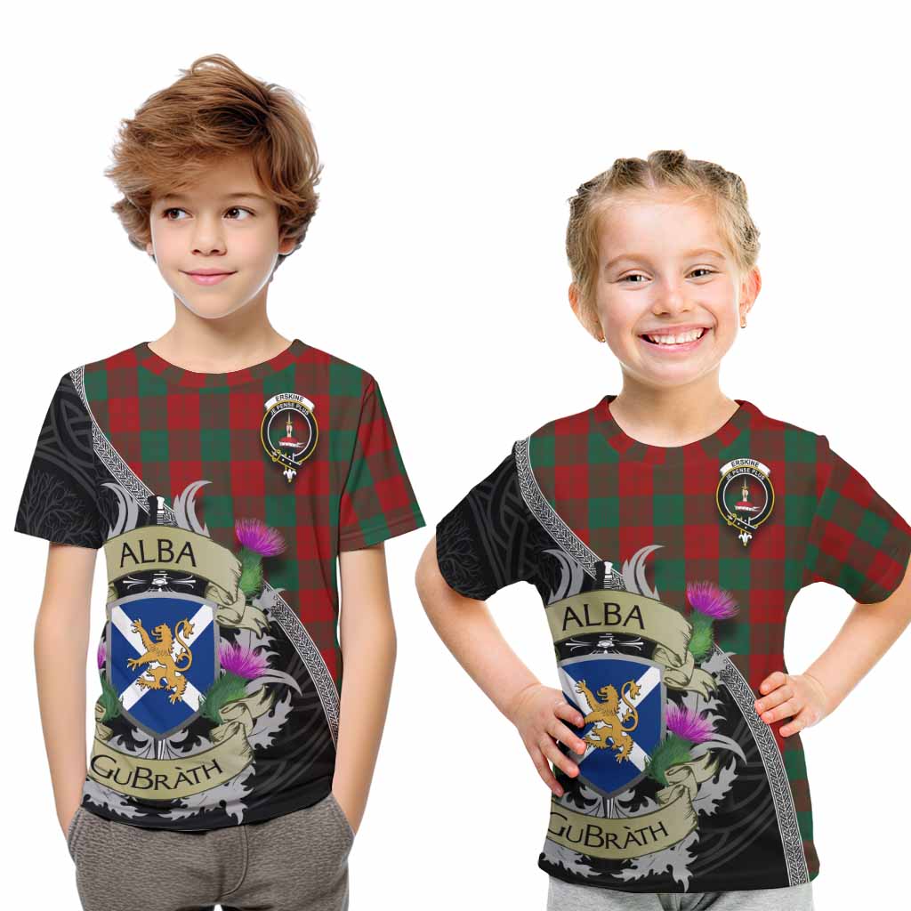 Tartan Vibes Clothing Erskine Tartan Family Crest Kid T-Shirt Lion Rampant Royal Thistle Shield Celtic Inspired