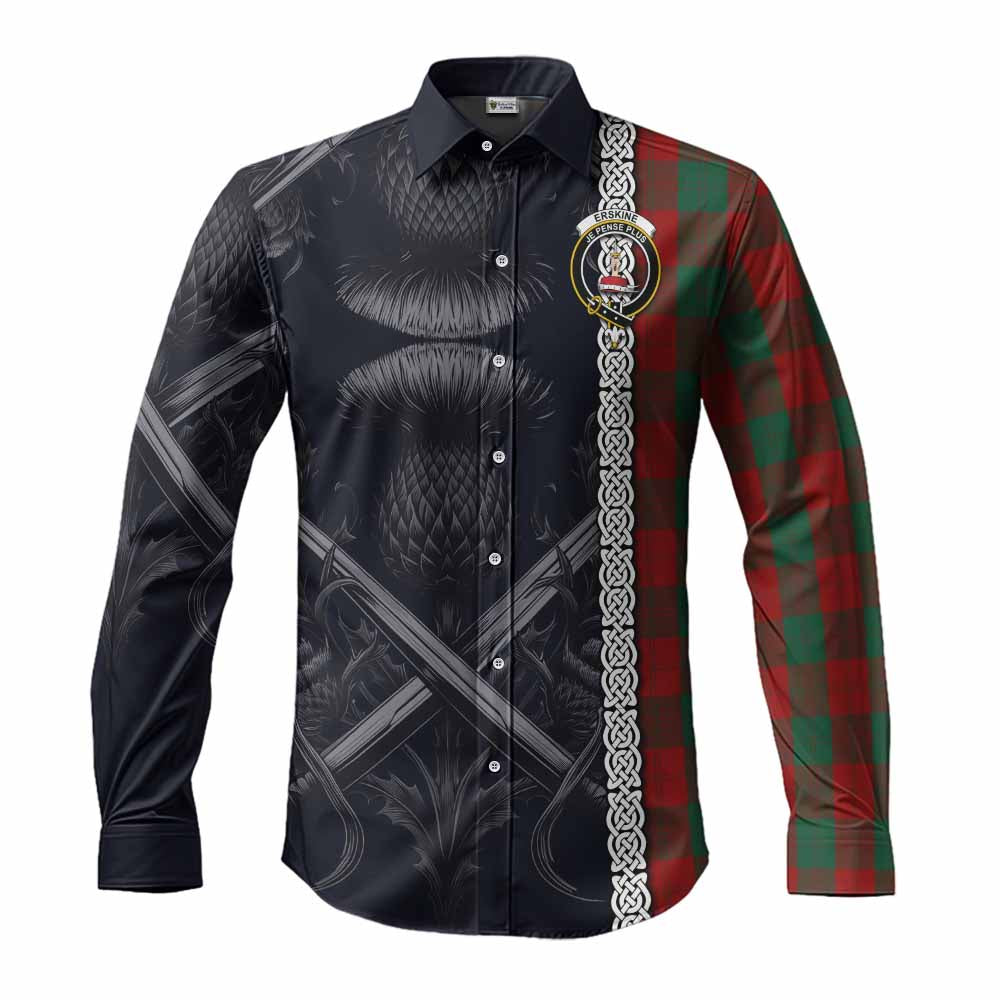Tartan Vibes Clothing Erskine Tartan Long Sleeve Button Shirt with Family Crest Cross Sword Thistle Celtic Vibes