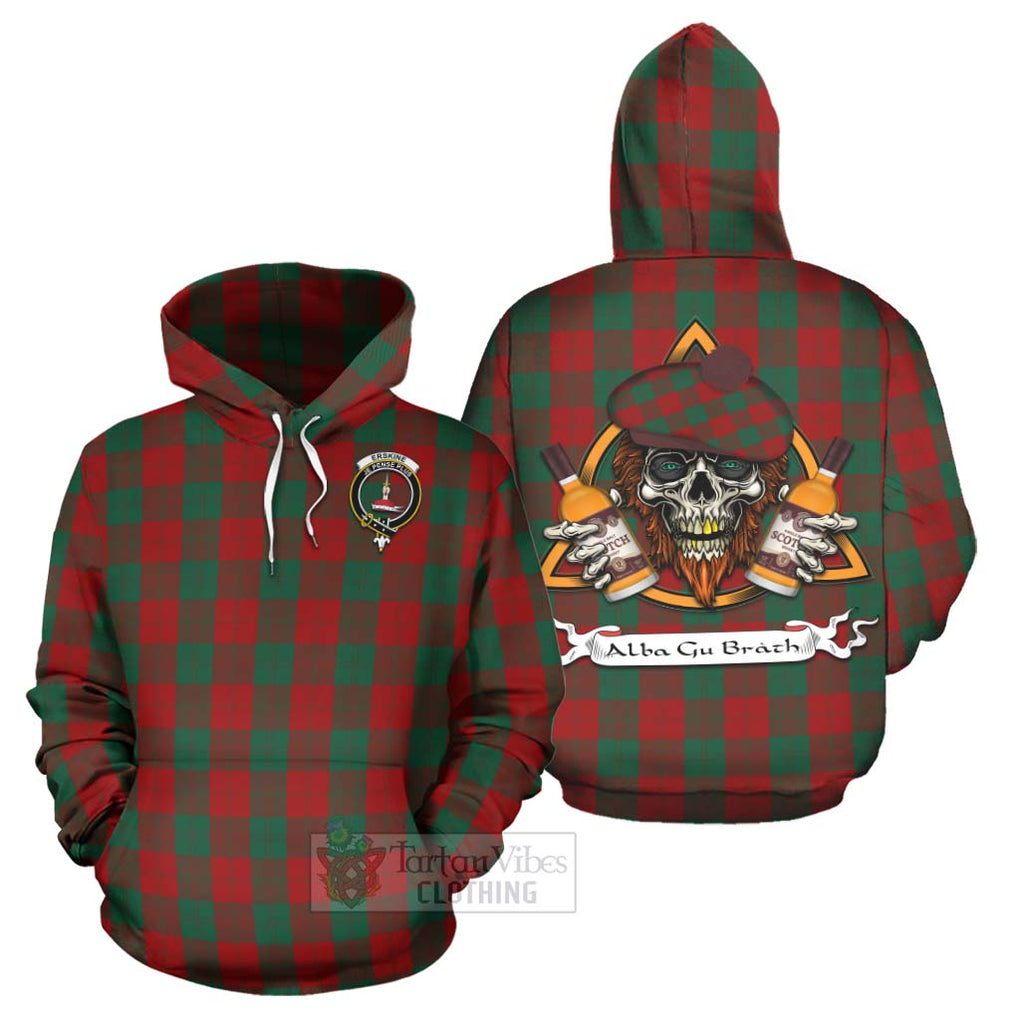 Tartan Vibes Clothing Erskine Tartan Hoodie with Family Crest and Bearded Skull Holding Bottles of Whiskey