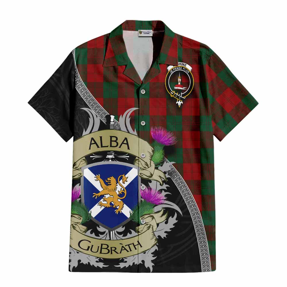 Tartan Vibes Clothing Erskine Tartan Family Crest Short Sleeve Button Shirt Lion Rampant Royal Thistle Shield Celtic Inspired