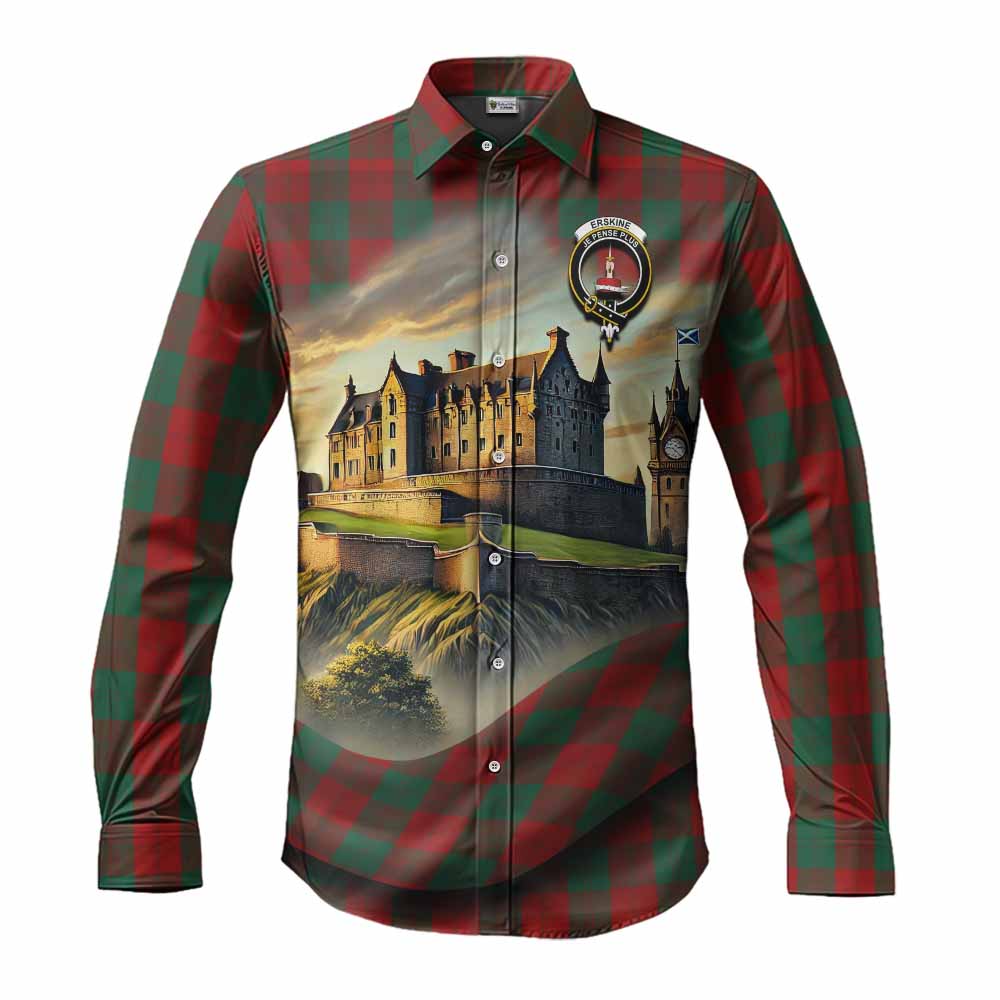 Tartan Vibes Clothing Erskine Tartan Family Crest Long Sleeve Button Shirt with Scottish Ancient Castle Style