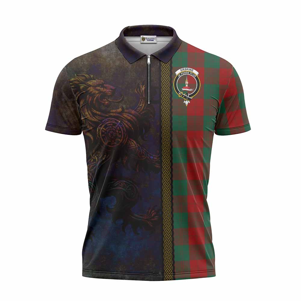 Tartan Vibes Clothing Erskine Tartan Family Crest Zipper Polo Shirt Alba Gu Brath Be Brave Lion Ancient Style