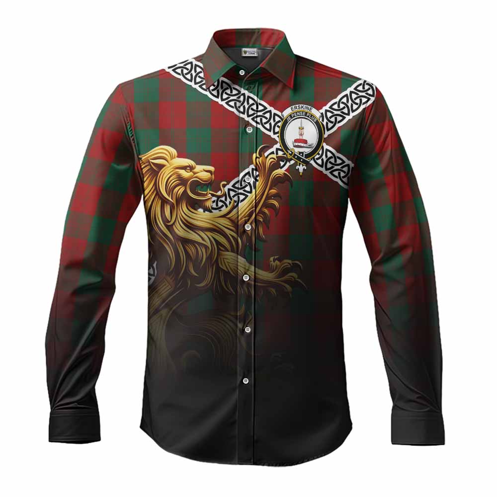 Tartan Vibes Clothing Erskine Crest Tartan Long Sleeve Button Shirt with Golden Lion Emblem Celtic Style