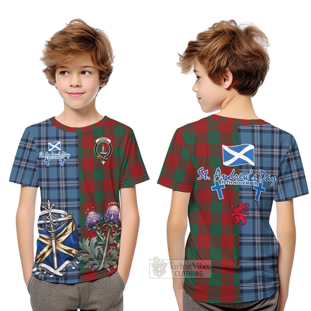 Tartan Vibes Clothing Erskine Tartan Kid T-Shirt Happy St. Andrew's Day Half Tartan Style