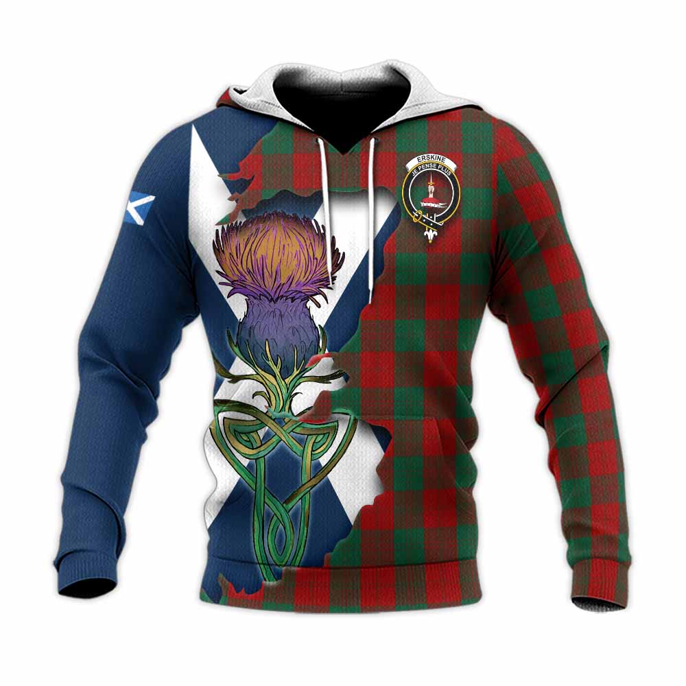 Tartan Vibes Clothing Erskine Tartan Family Crest Knitted Hoodie Scottish Thistle Celtic Inspired