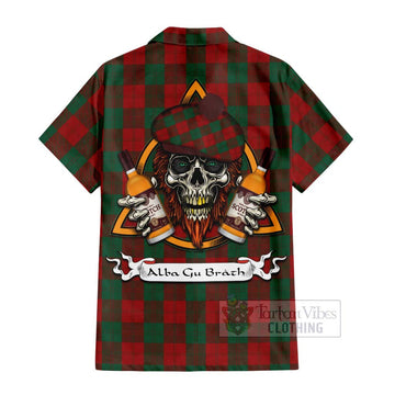Tartan Vibes Clothing Erskine Tartan Short Sleeve Button Shirt with Family Crest and Bearded Skull Holding Bottles of Whiskey