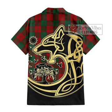 Erskine Tartan Short Sleeve Button Shirt with Family Crest Celtic Wolf Style - Tartan Vibes Clothing