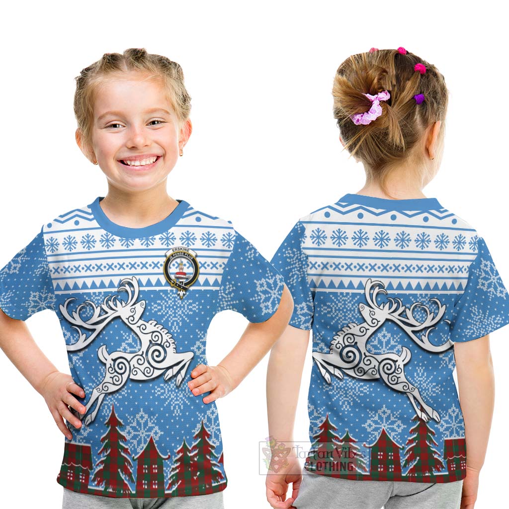 Tartan Vibes Clothing Erskine Clan Christmas Kid T-Shirt Celtic Reindeer Style