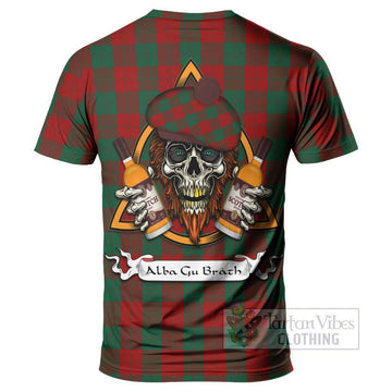 Erskine Tartan T-Shirt with Family Crest and Bearded Skull Holding Bottles of Whiskey - Tartan Vibes Clothing