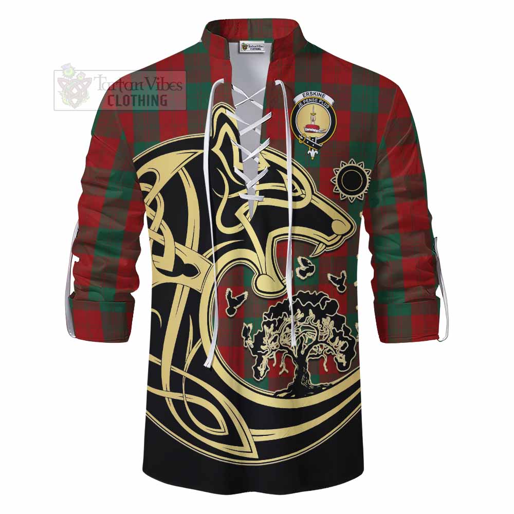 Tartan Vibes Clothing Erskine Tartan Ghillie Kilt Shirt with Family Crest Celtic Wolf Style