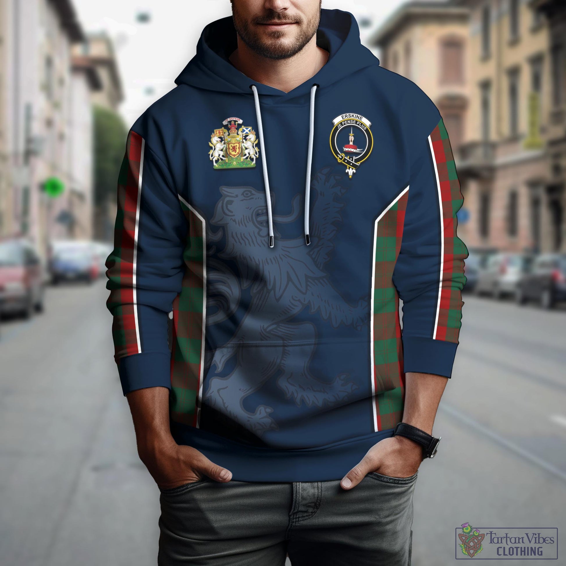 Tartan Vibes Clothing Erskine Tartan Hoodie with Family Crest and Lion Rampant Vibes Sport Style