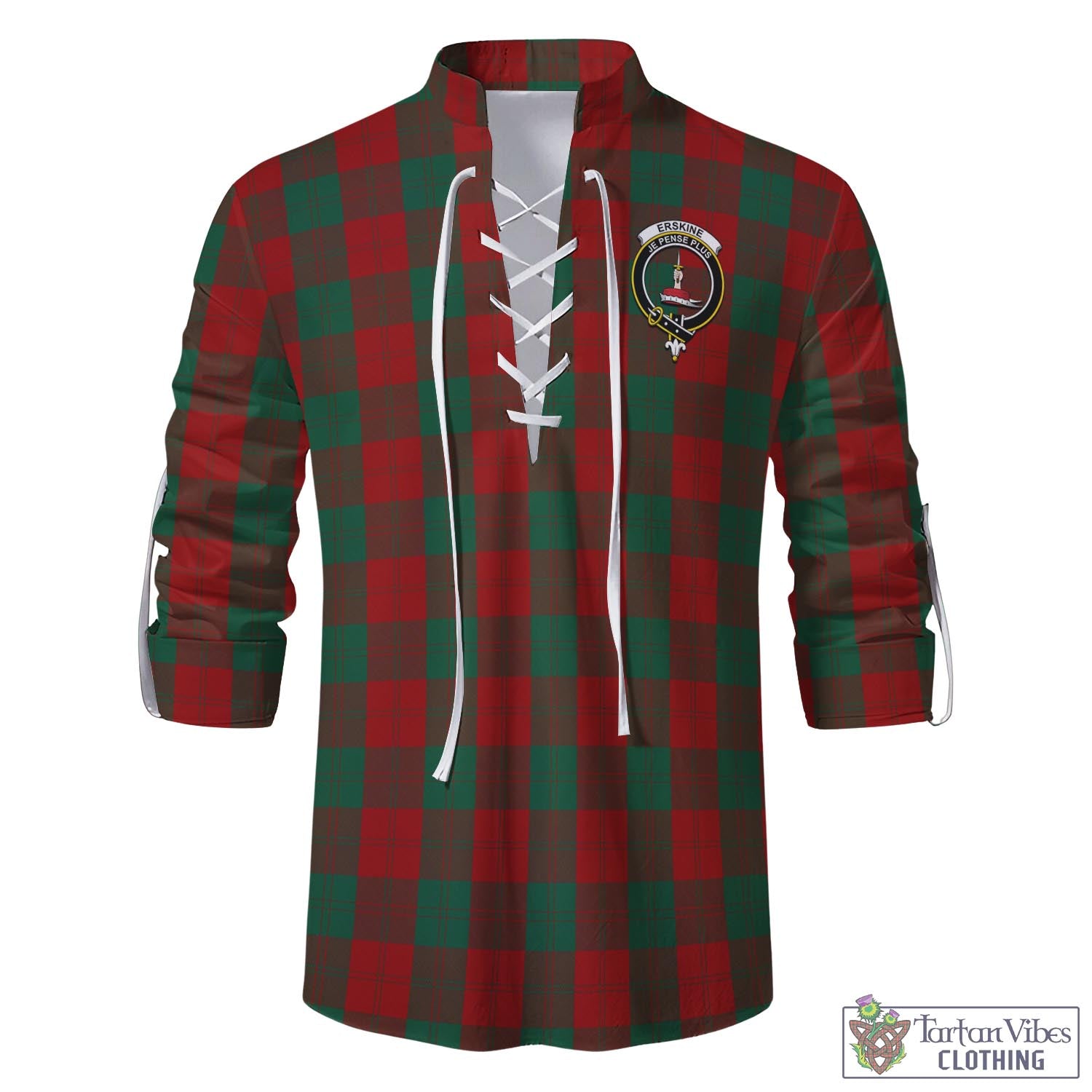 Tartan Vibes Clothing Erskine Tartan Men's Scottish Traditional Jacobite Ghillie Kilt Shirt with Family Crest