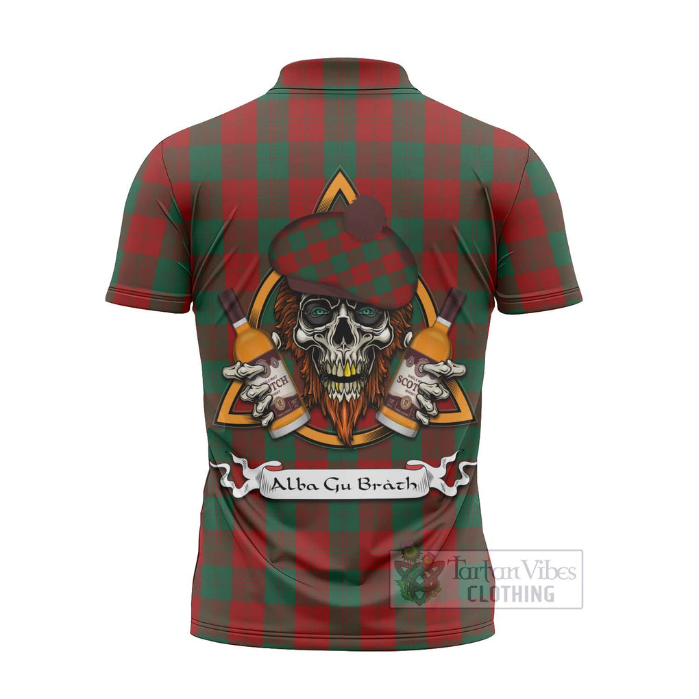 Tartan Vibes Clothing Erskine Tartan Zipper Polo Shirt with Family Crest and Bearded Skull Holding Bottles of Whiskey