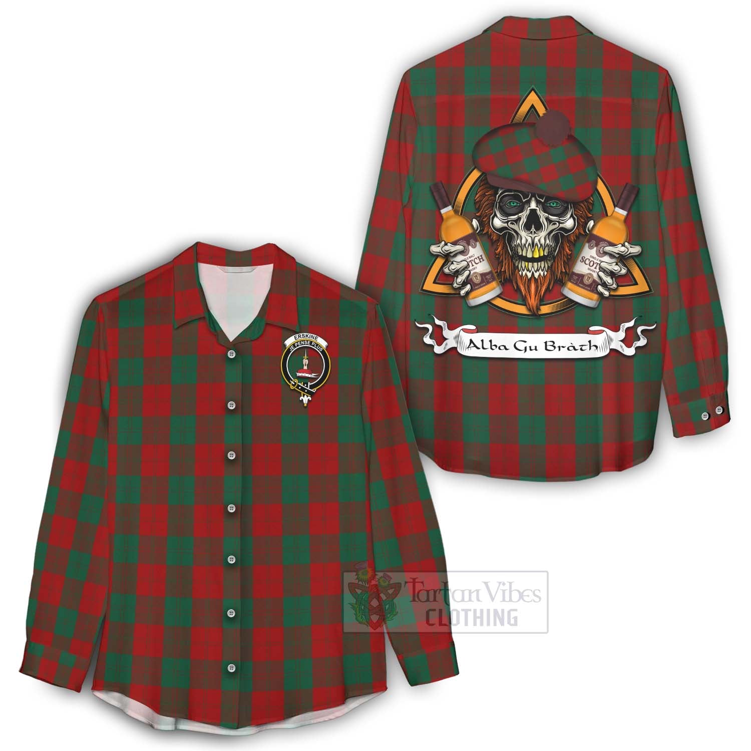 Tartan Vibes Clothing Erskine Tartan Women's Casual Shirt with Family Crest and Bearded Skull Holding Bottles of Whiskey