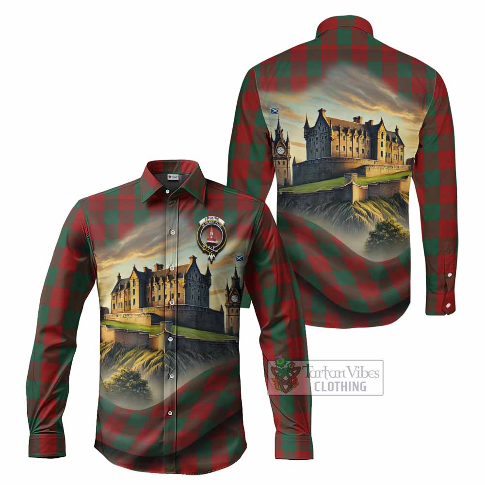 Tartan Vibes Clothing Erskine Tartan Family Crest Long Sleeve Button Shirt with Scottish Ancient Castle Style