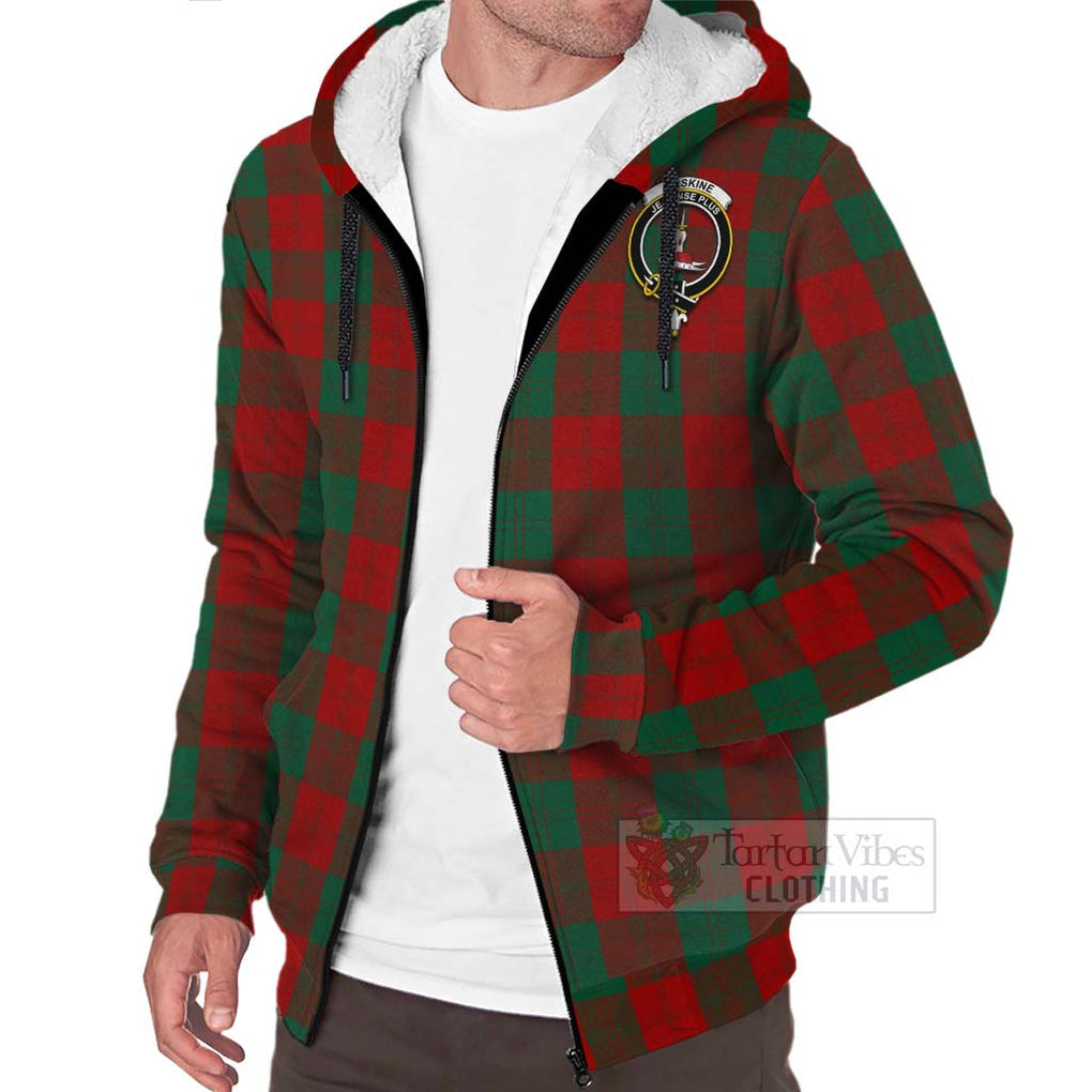 Tartan Vibes Clothing Erskine Tartan Sherpa Hoodie with Family Crest and Bearded Skull Holding Bottles of Whiskey