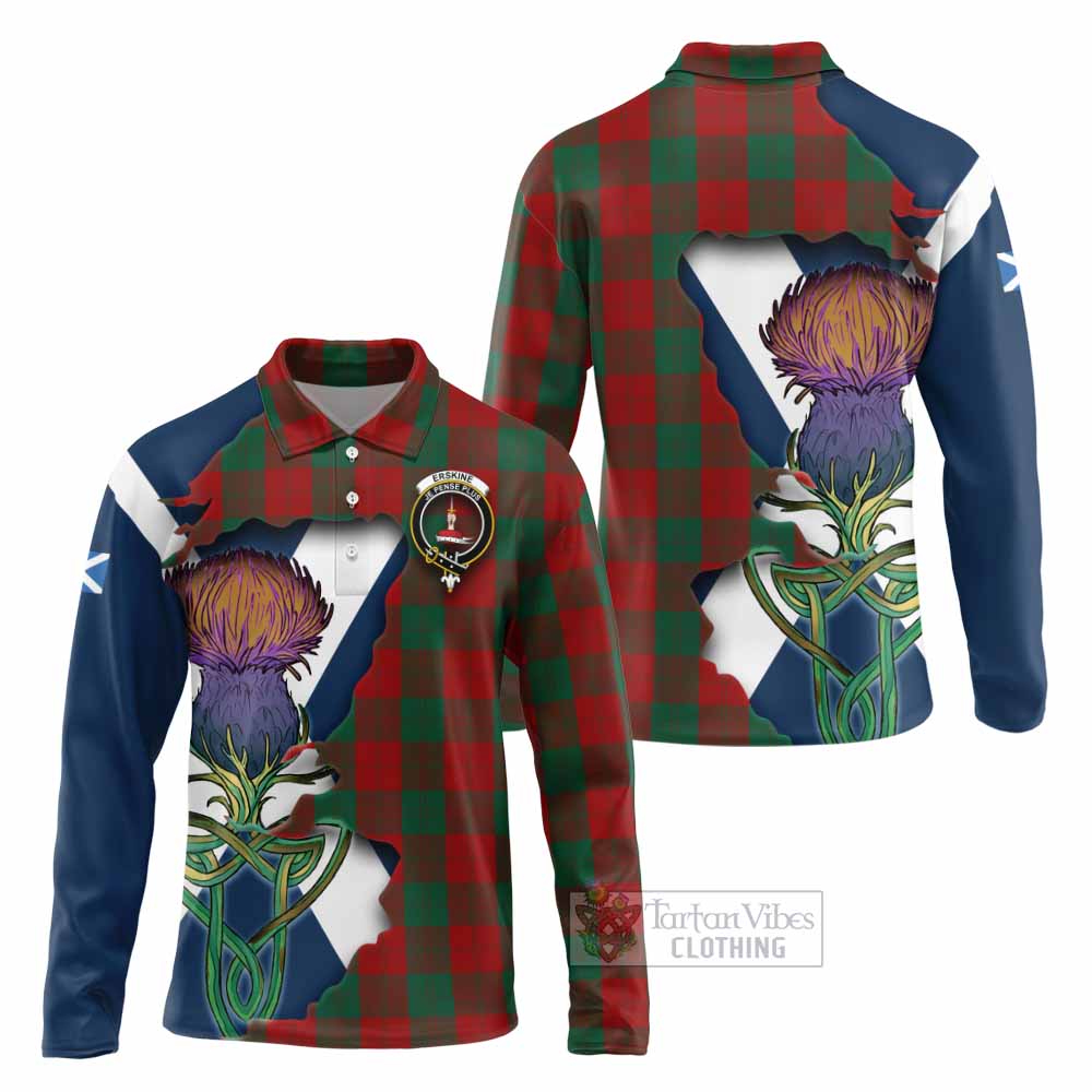Tartan Vibes Clothing Erskine Tartan Family Crest Long Sleeve Polo Shirt Scottish Thistle Celtic Inspired