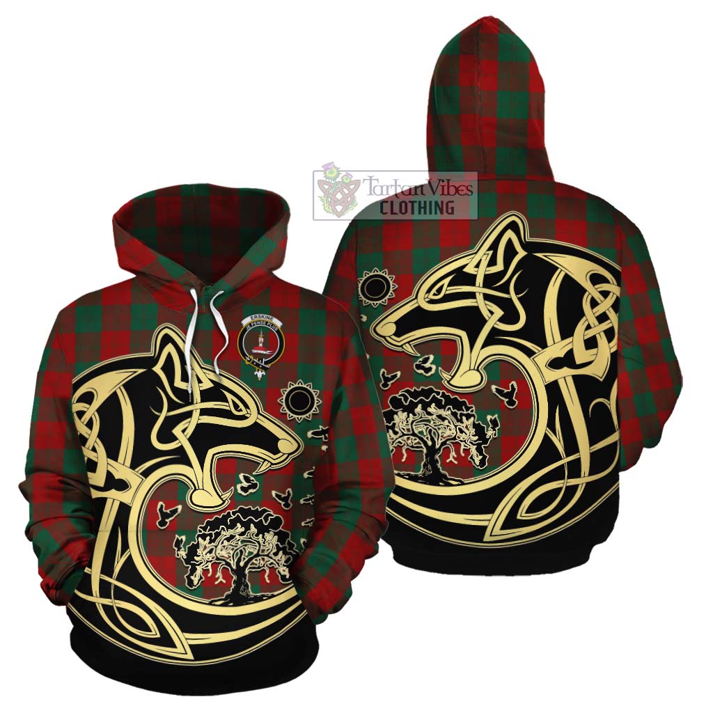 Tartan Vibes Clothing Erskine Tartan Cotton Hoodie with Family Crest Celtic Wolf Style