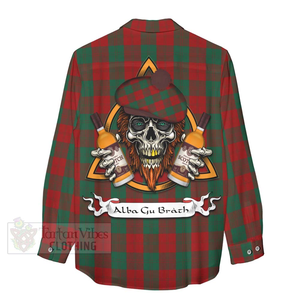 Tartan Vibes Clothing Erskine Tartan Women's Casual Shirt with Family Crest and Bearded Skull Holding Bottles of Whiskey