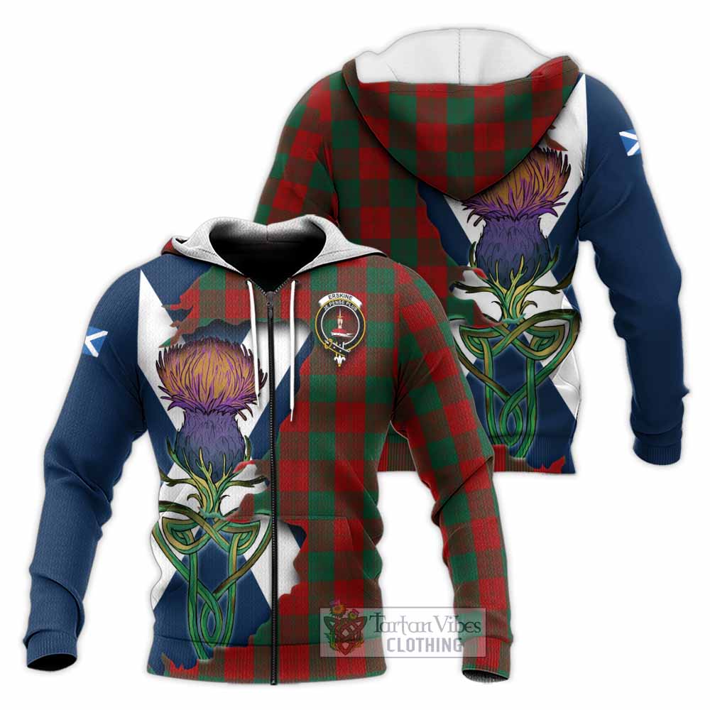 Tartan Vibes Clothing Erskine Tartan Family Crest Knitted Hoodie Scottish Thistle Celtic Inspired