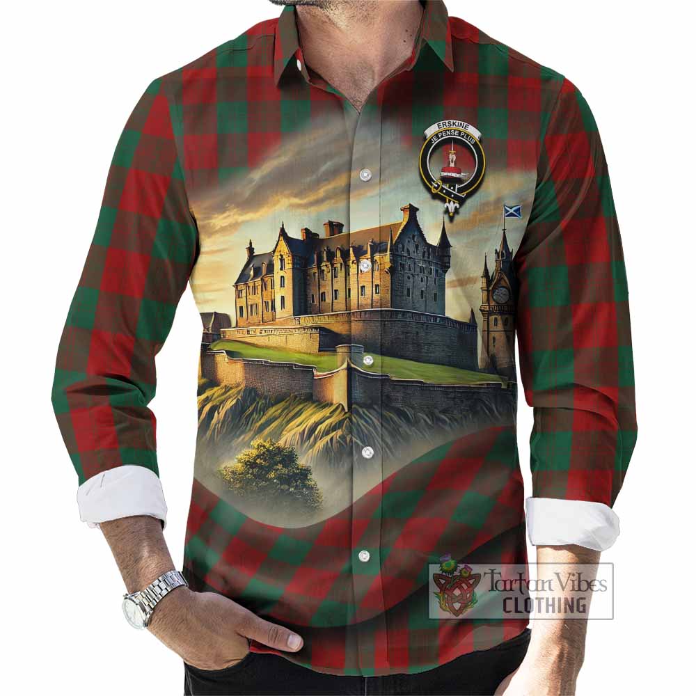 Tartan Vibes Clothing Erskine Tartan Family Crest Long Sleeve Button Shirt with Scottish Ancient Castle Style