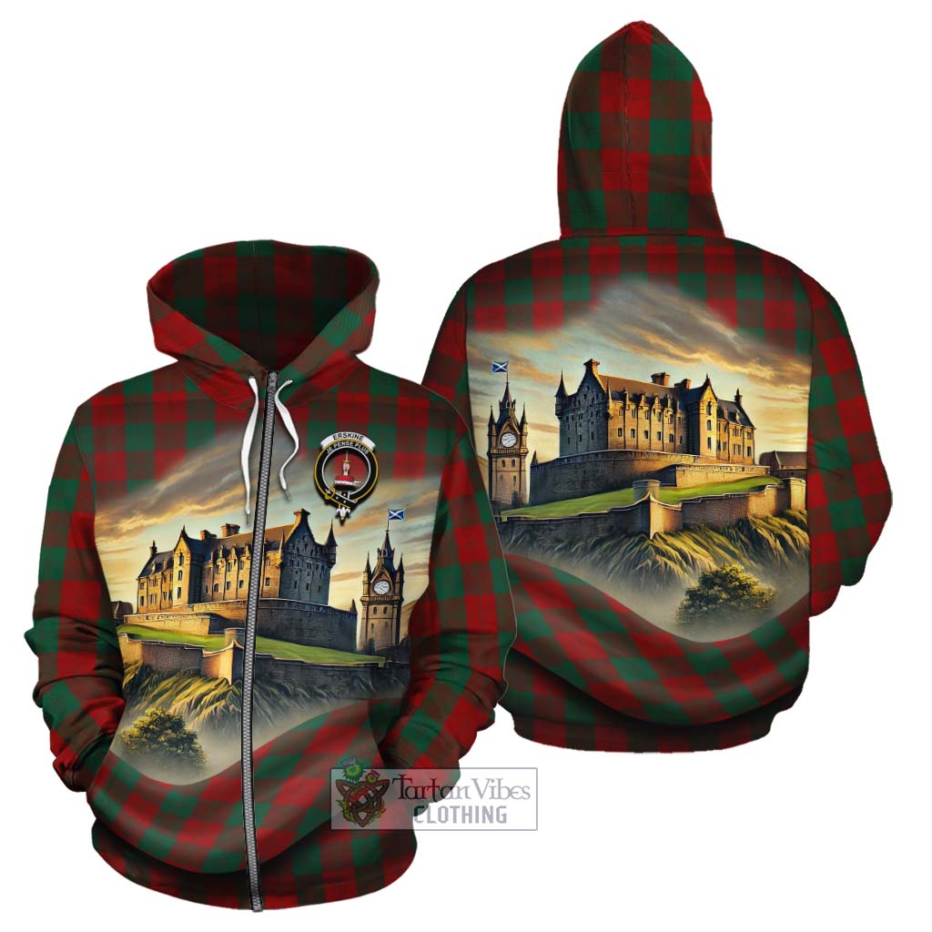 Tartan Vibes Clothing Erskine Tartan Family Crest Cotton Hoodie with Scottish Ancient Castle Style