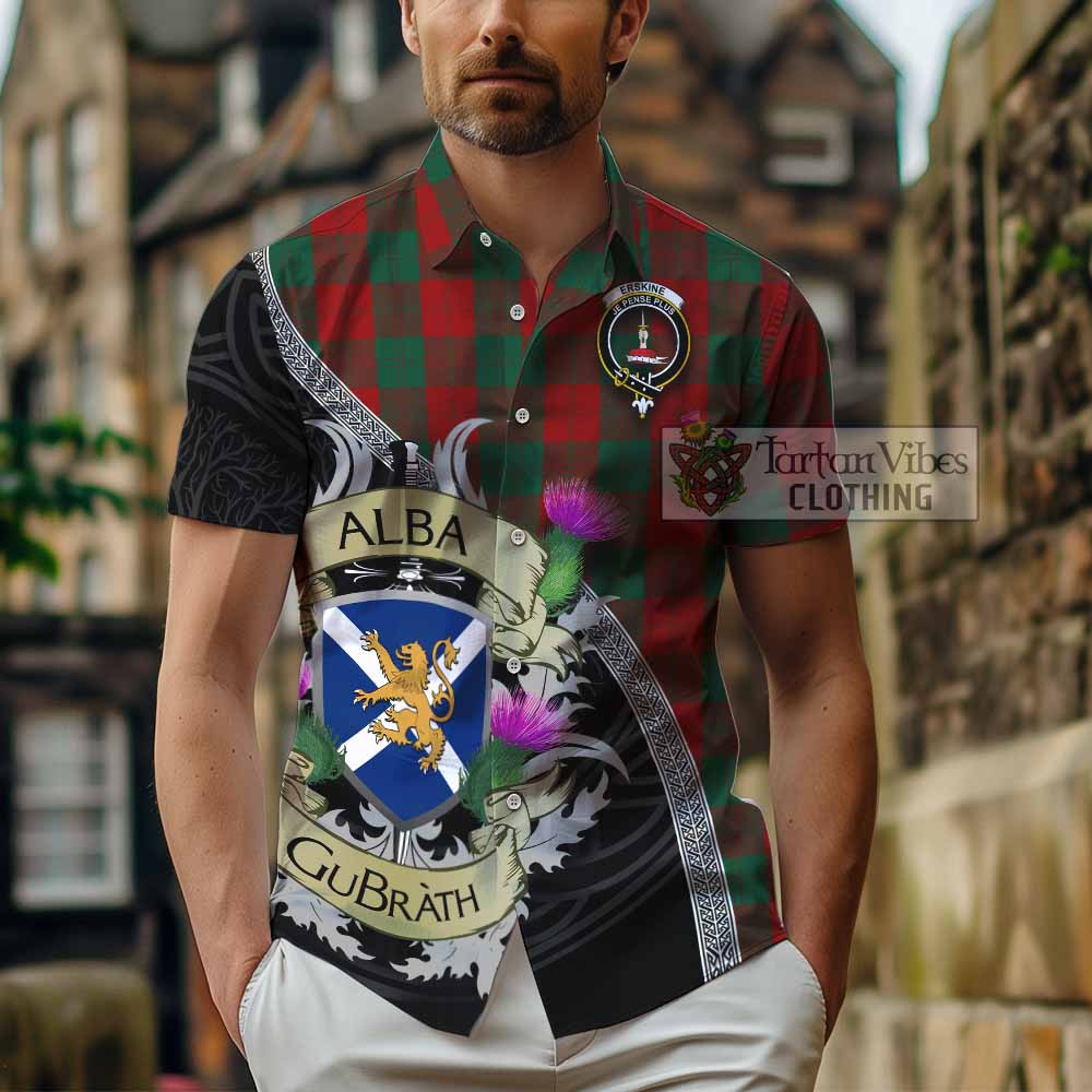 Tartan Vibes Clothing Erskine Tartan Family Crest Short Sleeve Button Shirt Lion Rampant Royal Thistle Shield Celtic Inspired