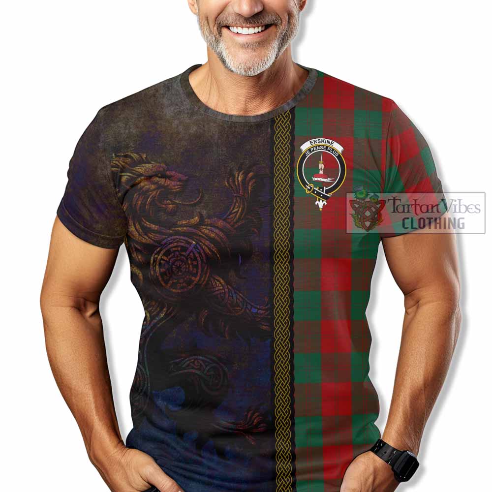 Tartan Vibes Clothing Erskine Tartan Family Crest T-Shirt Alba Gu Brath Be Brave Lion Ancient Style