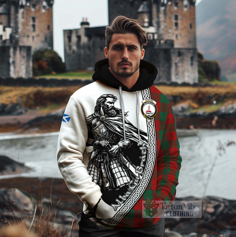 Tartan Vibes Clothing Erskine Tartan Clan Crest Cotton Hoodie with Highlander Warrior Celtic Style